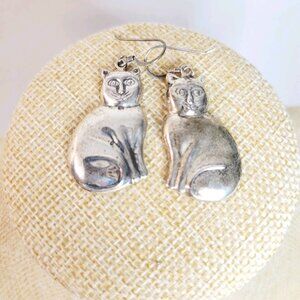Vtg Sterling Silver 925 Marked ND Cat Kitty Hook Dangle Earrings